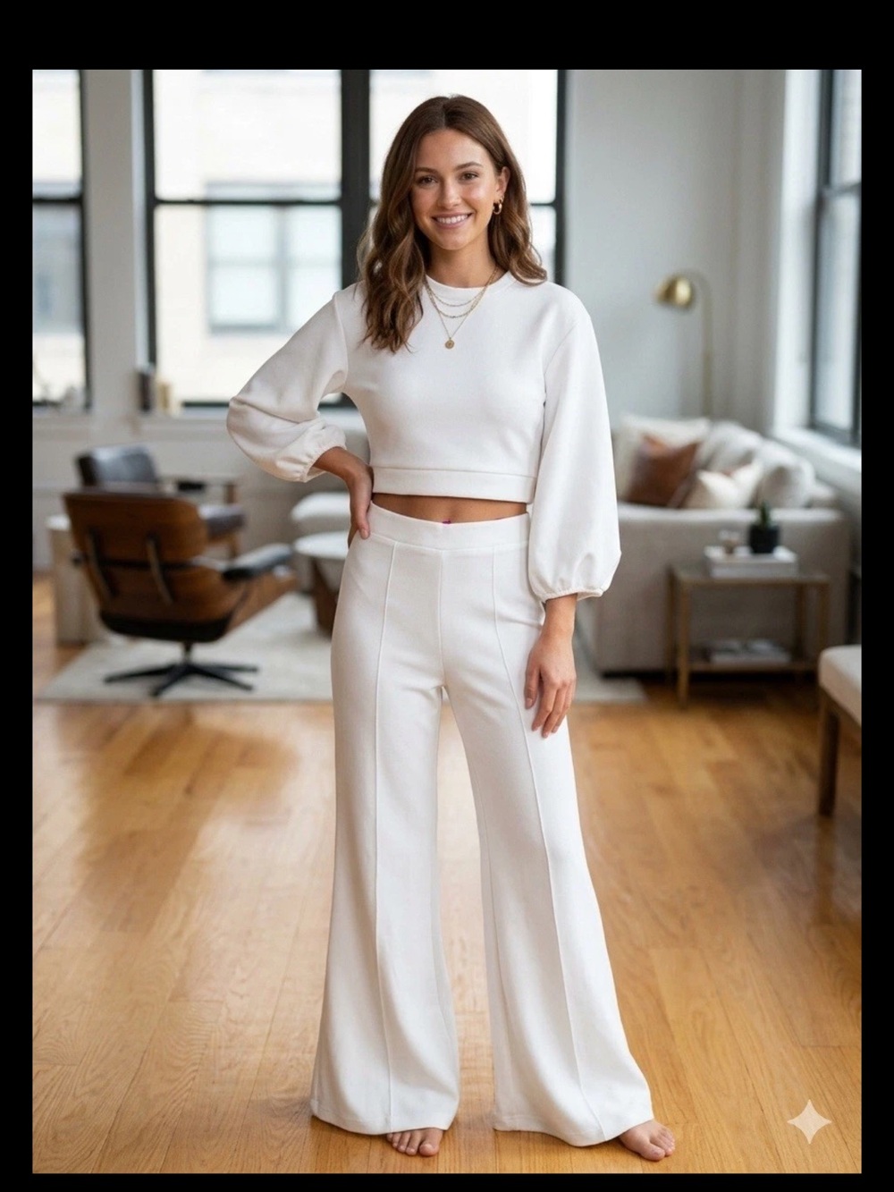 Elegant Cream Wide-Leg High-Rise Pants & top set size M